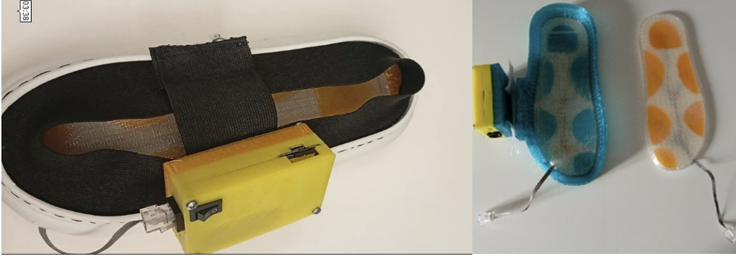 Developed flexible sensor-based shoe and electronic measurement hardware (EU size 36).