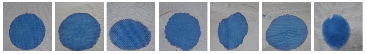 Hydrophilicity test images of fabric samples after foam application and ozone post-treatment (R0–R5, R5-Ozone)
